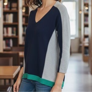 Sz S Bloomingdale’s Aqua Cashmere Color Block Sweater Navy Blue Grey Green
